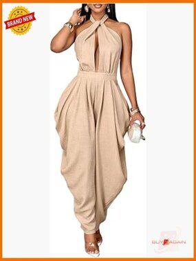 Sleeveless Halter Jumpsuit Cut Out Backless Draped Long Pants Romper